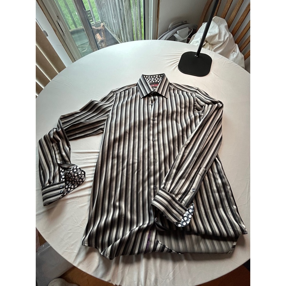 Robert Graham Mens 15.5 33 Striped Button Down Shirt Black Grey Silver Cotton